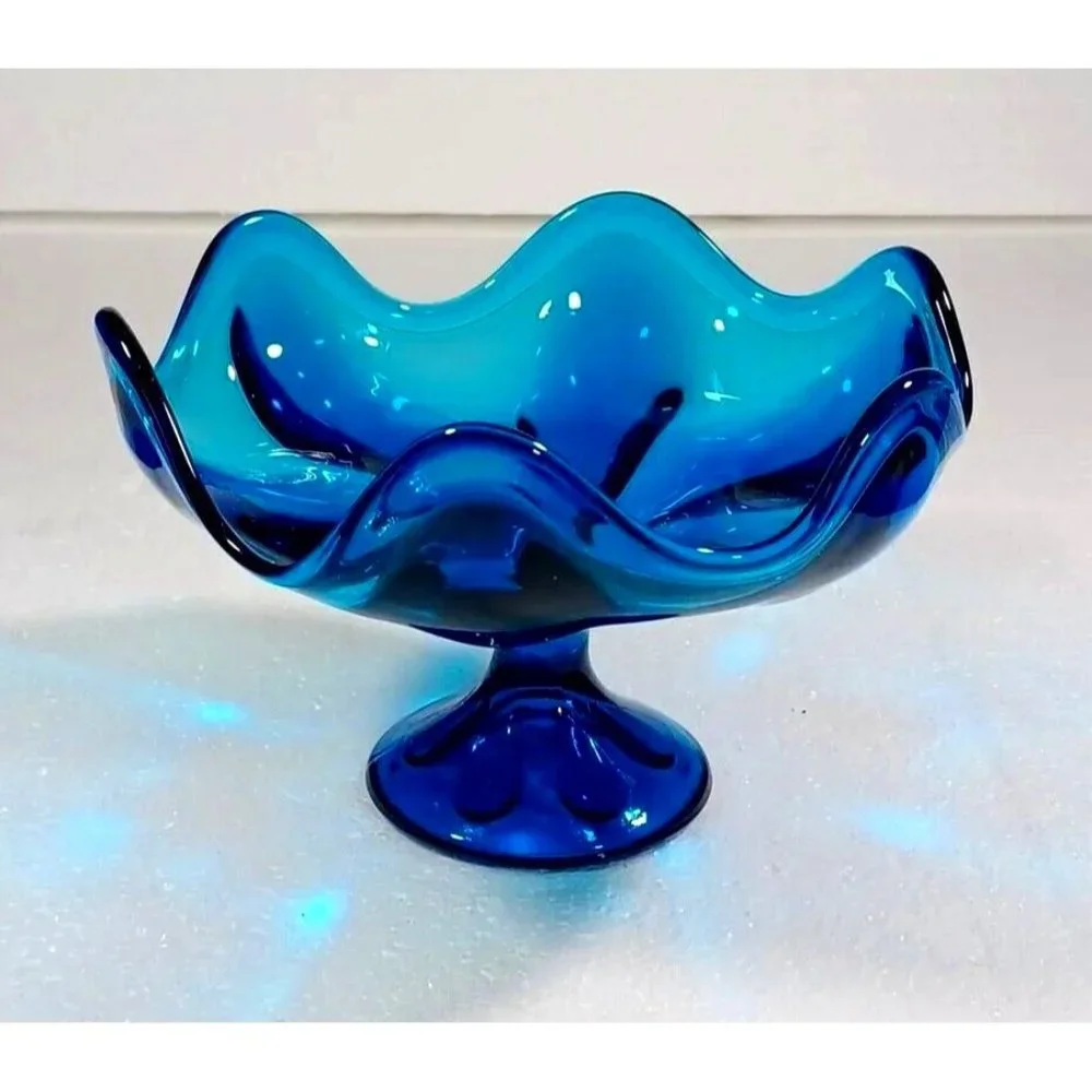 Vtg Mid-Century  Viking 6 Petal HTF Epic Electric Blue Glass Compote Dish MCM - Picture 2 of 9